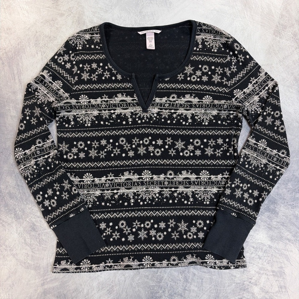 Victoria's Secret Thermal Top Womens Medium Black Snowflake Fair Isle Waffle